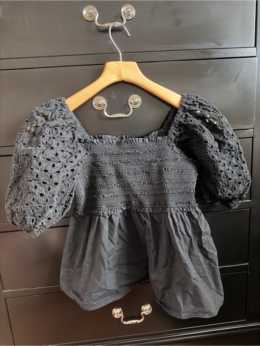 American Eagle Outfitters Black Puff-Sleeve Smocked Blouse